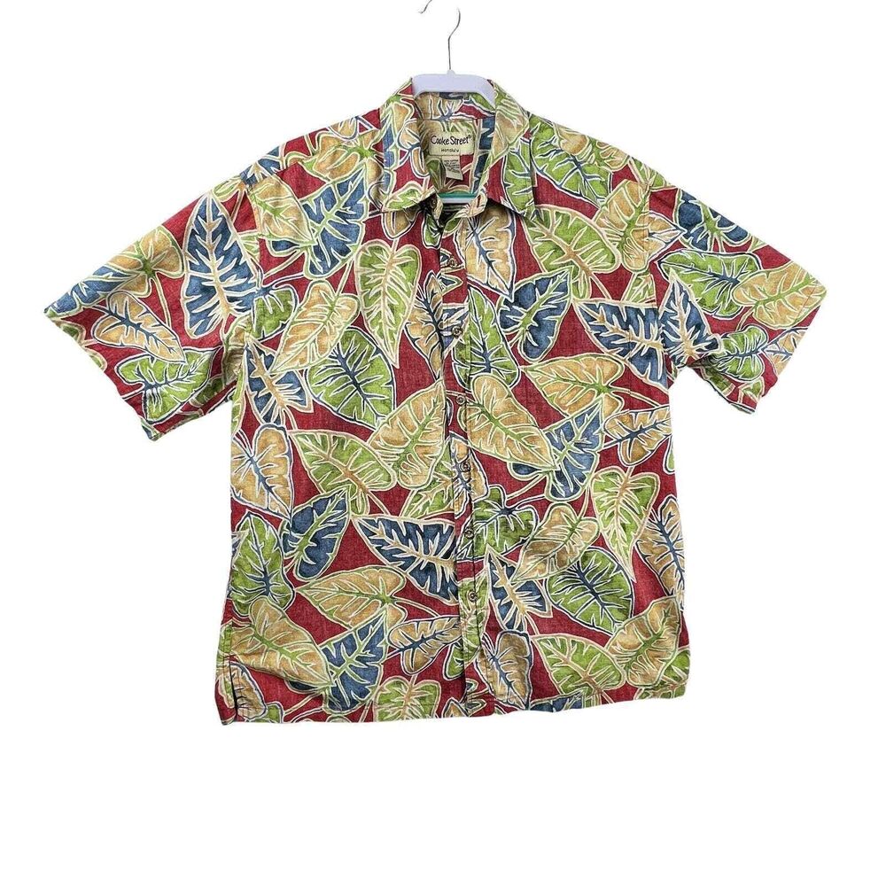 COOKE STREET Mens XL Hawaiian Aloha Shirt Red Tropical Leaf Cotton Button Up